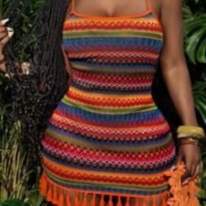 Slim Mini Skirt Tassel Hem Colorful Striped Diamond Plaid Women's Mini Dress